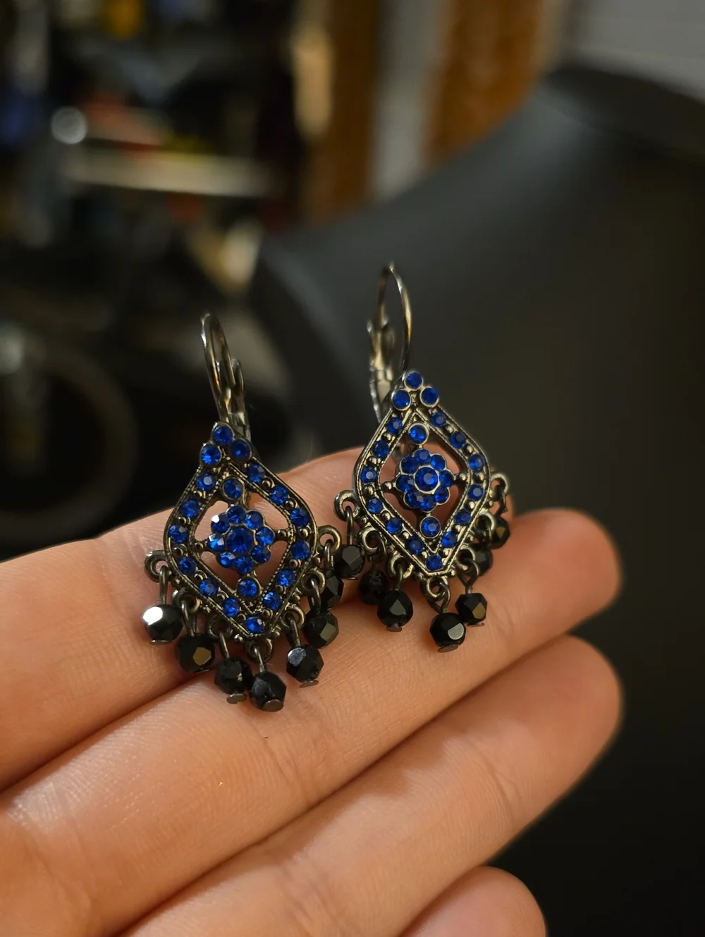 Joan Rivers Classics Collection Blue Crystal Black Bead Chandelier Earrings